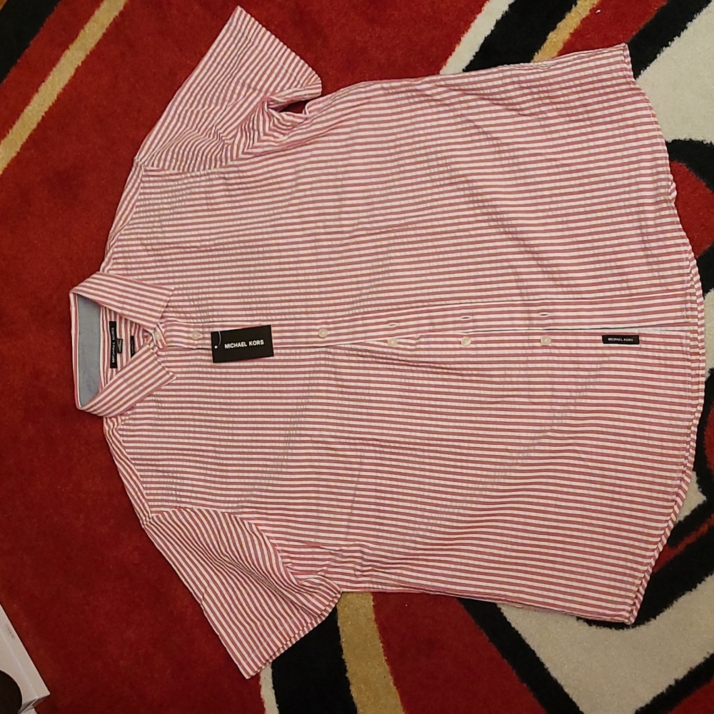 Michael Kors Men's Linen Blend Striped Classic Fit Seersucker Shirt